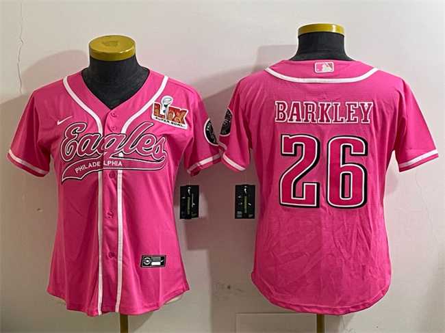 Womens Philadelphia Eagles #26 Saquon Barkley Pink 2025 Super Bowl LIX Patch Cool Base Stitched Baseball Jersey